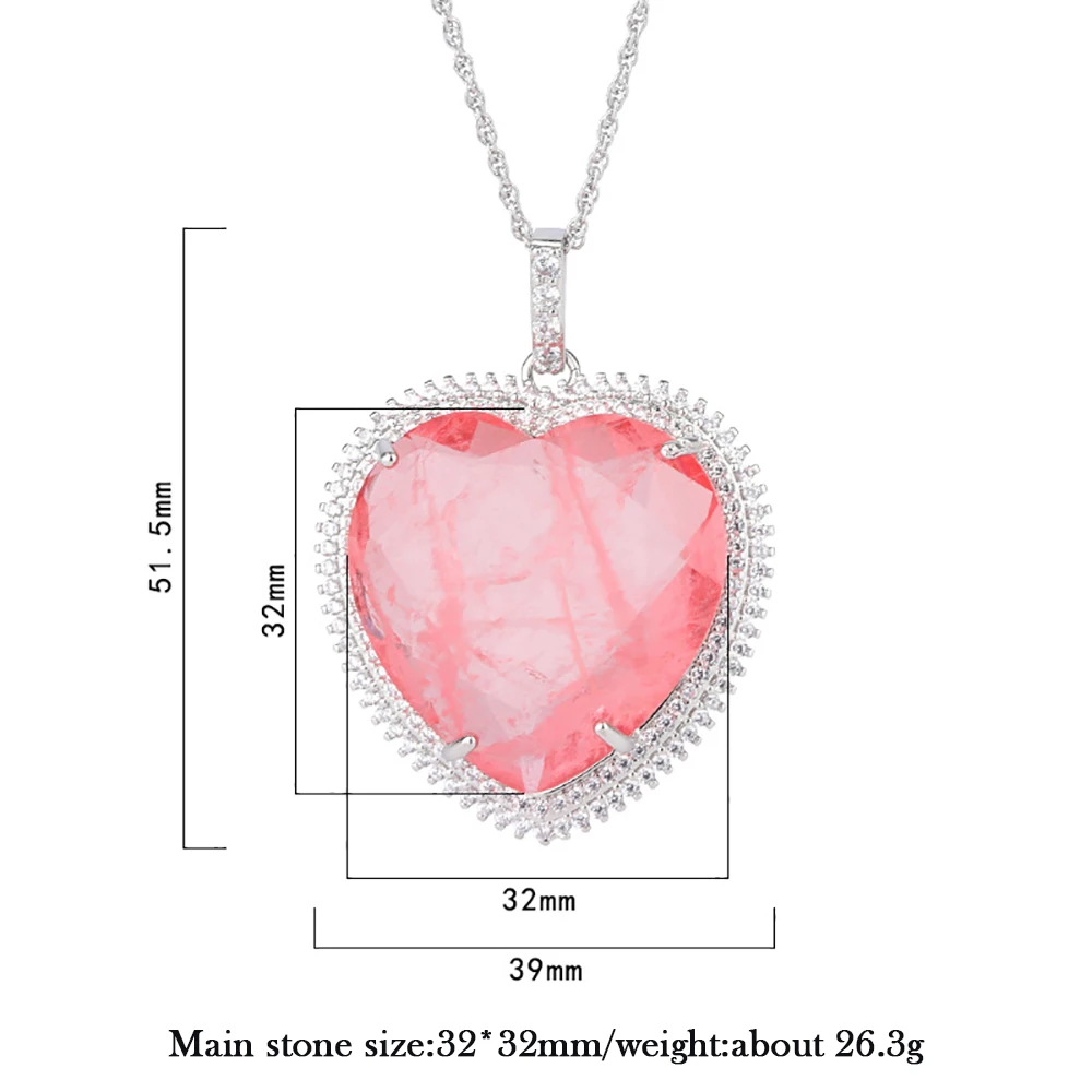 Vintage 32*32mm Heart-Shaped Pink Quartz Amethyst Paraiba Tourmaline Pendant Necklace for Women Gemstone Party Fine Jewel Gift