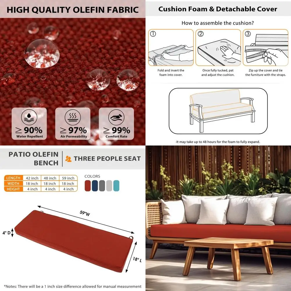 

Red Loveseat Patio Couch Cushion with Straps, 59x18x4 Inches, Water-Resistant