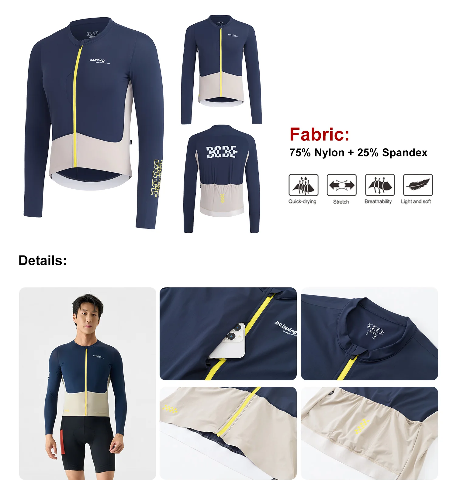 BCBE-ING Herren-Radtrikot, langärmelig, leichtes, atmungsaktives Material, passgenaue Ärmelbündchen, Rennsport-Design, aerodynamisches Radtrikot, Fahrradoberteil. – Detail 2