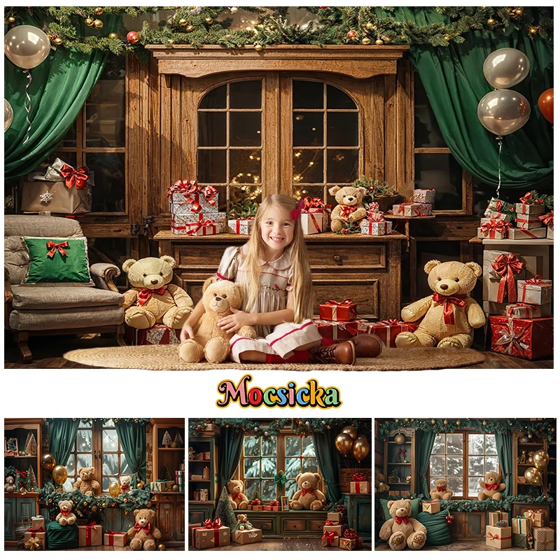 

Mocsicka Christmas Windows Bears Gifts Balloons Backdrops Kids Family Photography Child Baby Photocall Xmas Wall Backgrounds