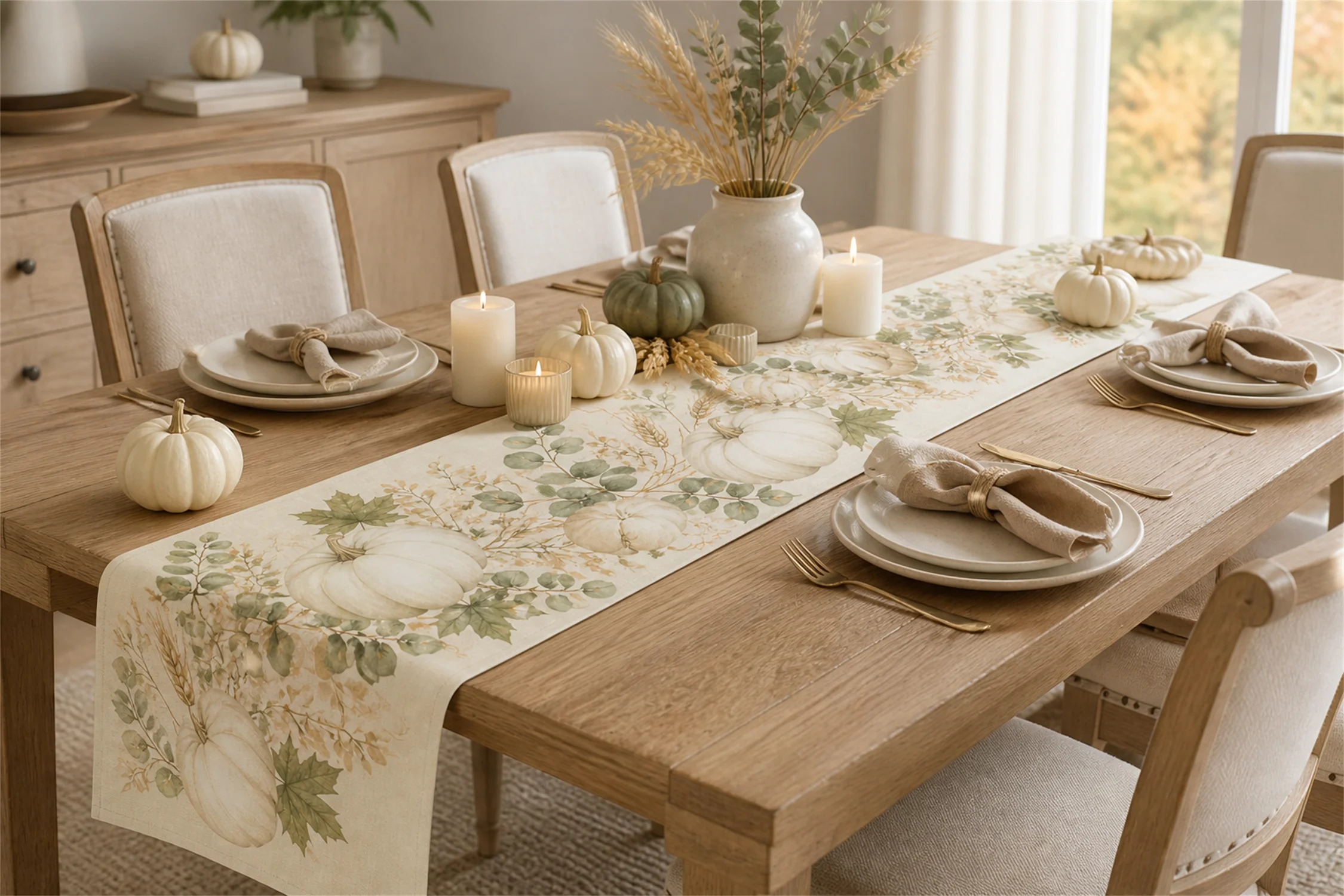 White Pumpkin Eucalyptus Table Runner Neutral Autumn Harvest Print Farmhouse Dining Table Decor Thanksgiving Home Decoration
