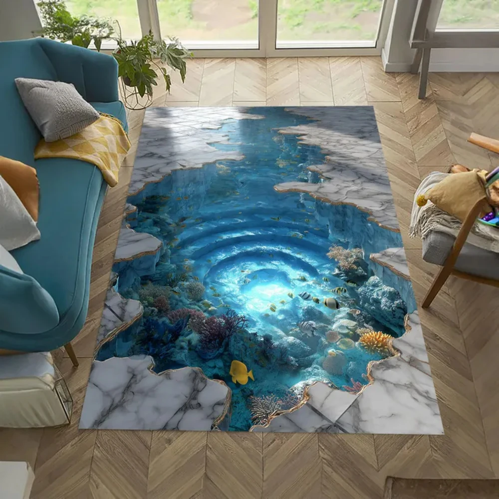 3D Illusion Shark Breaking Ice Print Area Rug for Living Room Decor 2D Falt Non Slip Ocean Themed Floor Mat for Bedroom Sofa