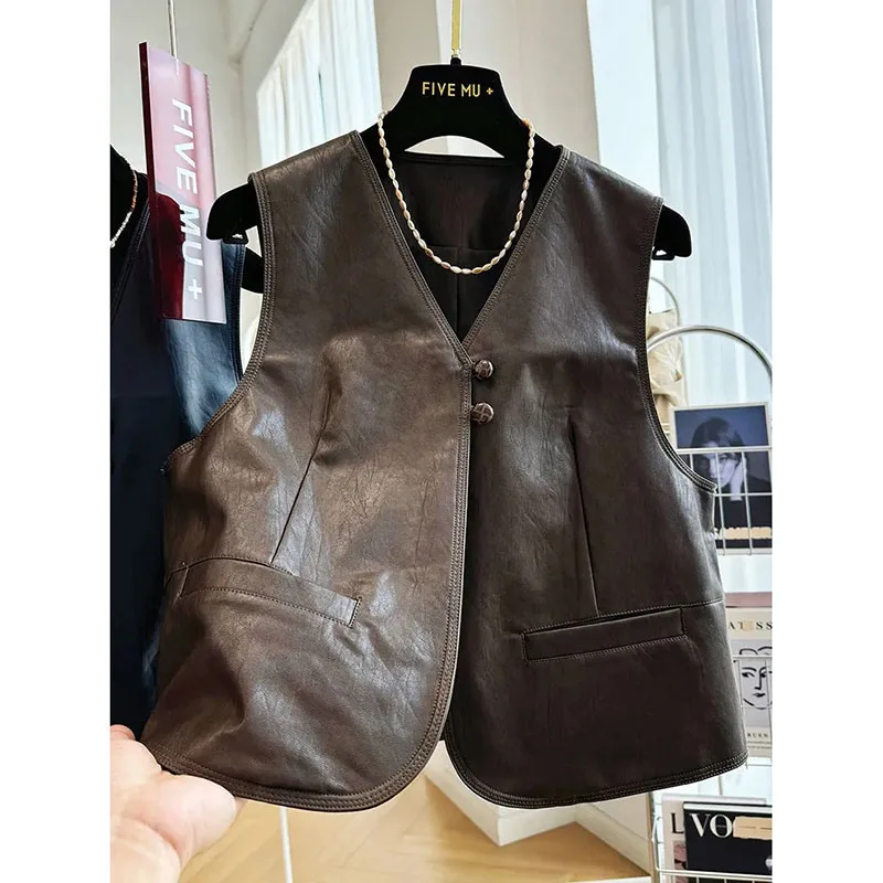 2025 Spring Autumn Vintage Vests Coat Female Sleeveless Leather Waistcoat Outwear Tops Pu Leather Pocket Vest Jacket Women