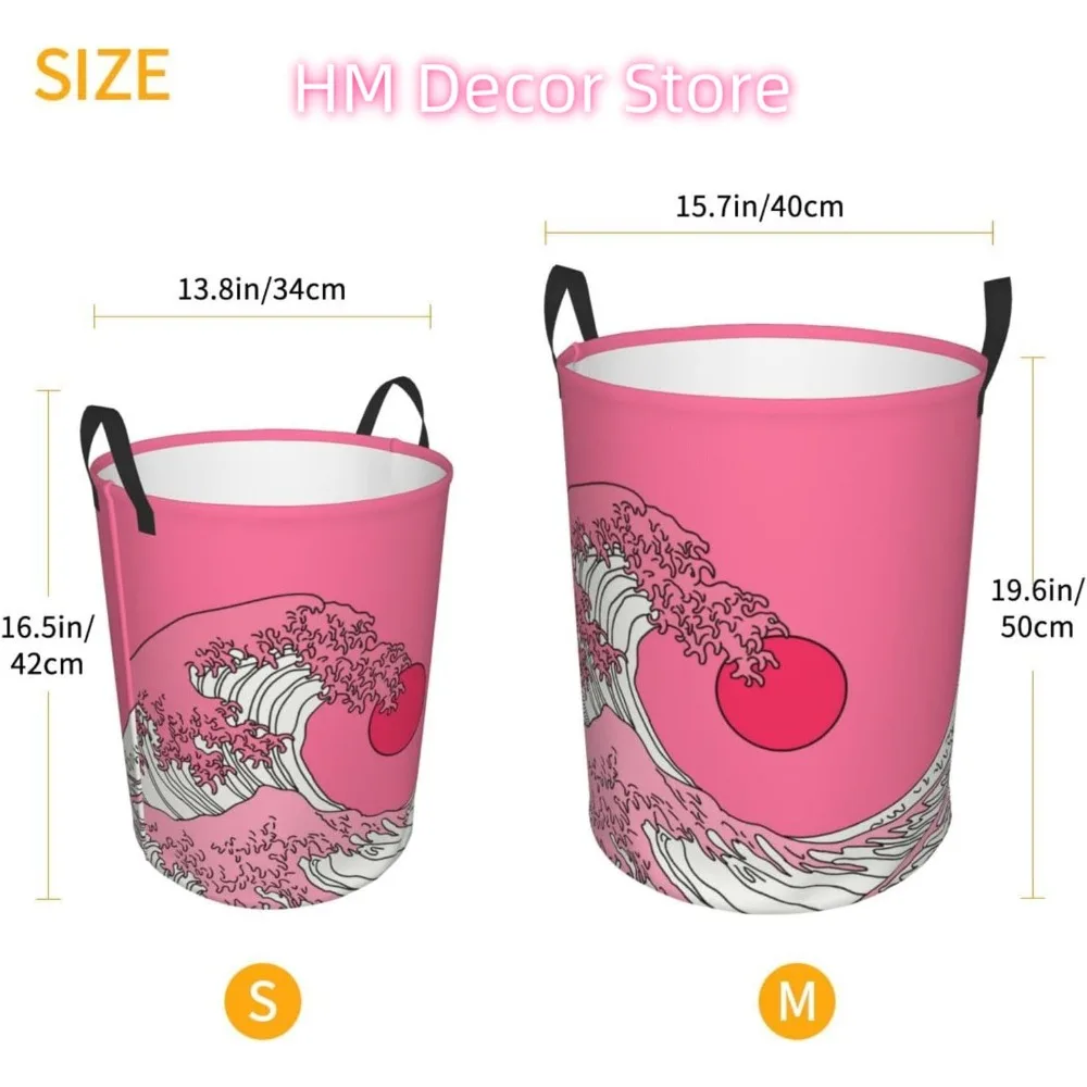 Laundry Basket Pink Wave and Sun Oxford Cloth Collapsible Laundry Hamper Storage Basket with Handle for Kitchen Bedroom Living r - view 5