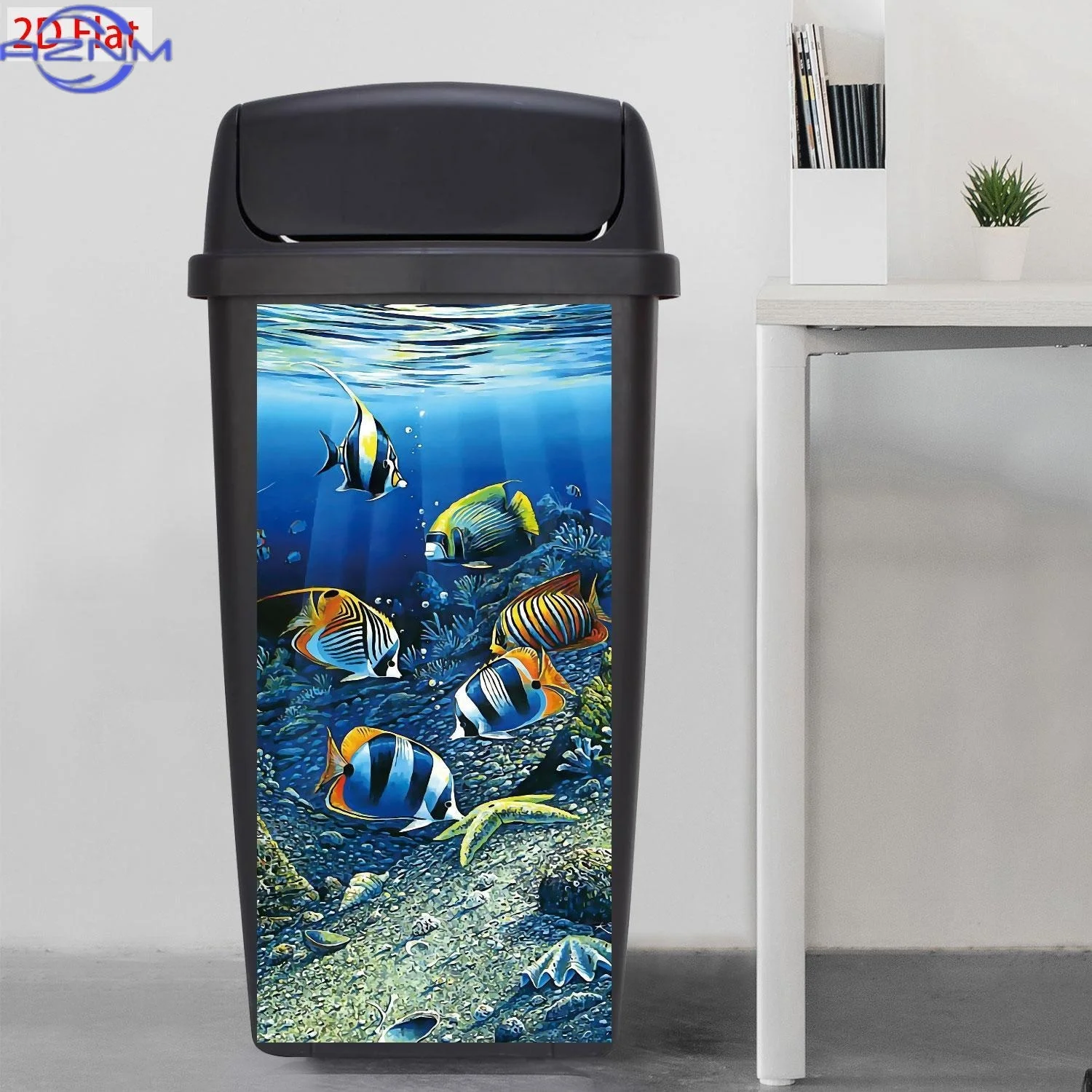 Ocean Fish Theme Trash Can Sticker, PVC Self-Adhesive Waterproof Decal for Garbage Bins and Home Decorative Use, Size 30.0*69.
