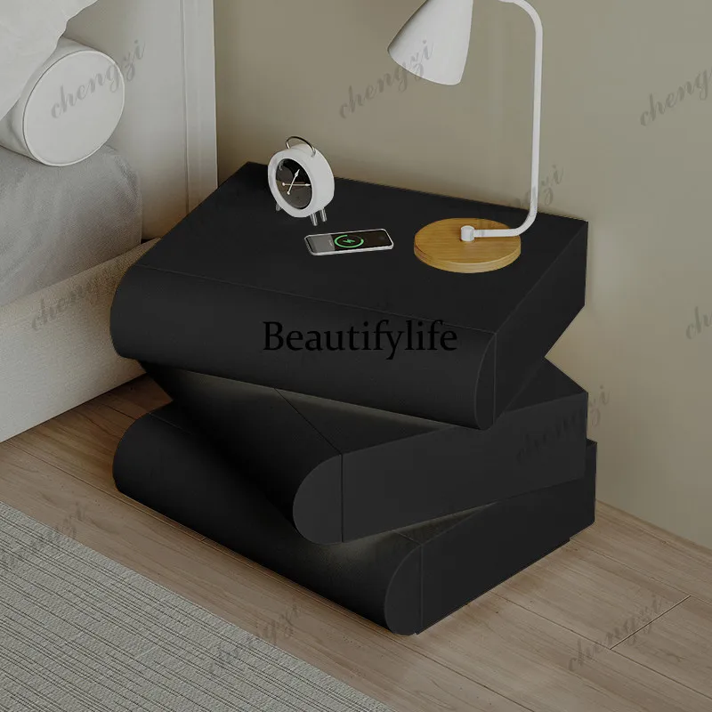 Rotatable smart bedside table, all solid wood modern simple cream style