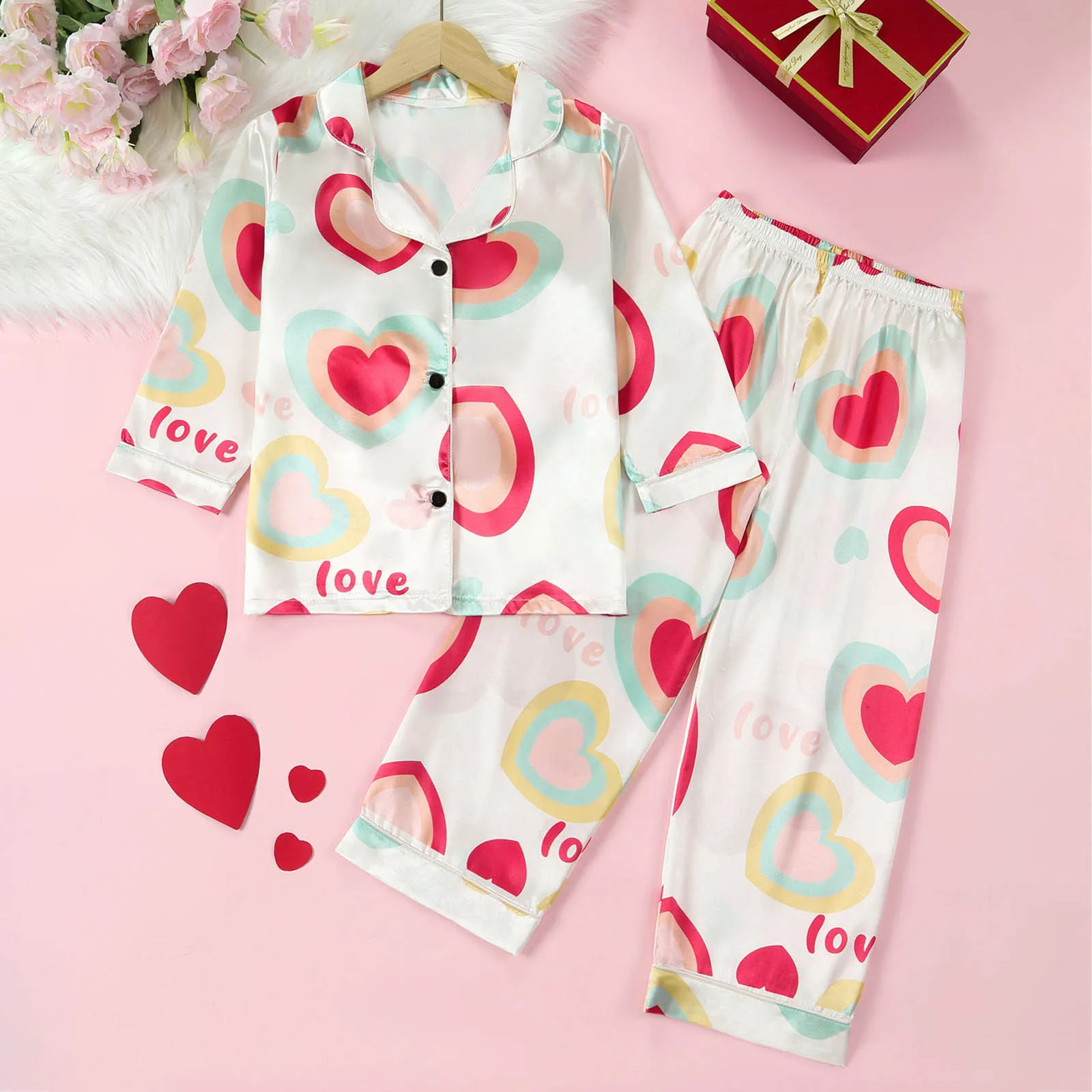 1-6Years Kids Baby Girl Pajamas Valentine’s Day Sleepwear Cute Heart Print Long Sleeve Tops and Pants 2Pieces Loungewear Outfits