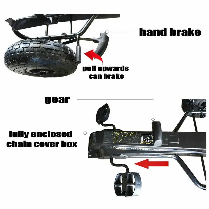 4 Inflatable Wheel Ride on Car For 3-10 Ages Kids, Pedal Powered Ride On, Classic Black Kids Go Kart with Hand Brake
