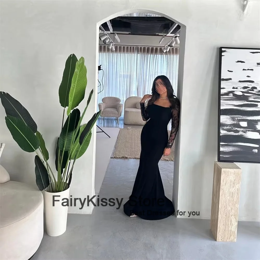 FairyKissy-Robe de Soirée Noire en Dentelle Arabe à Manches sulf, Tenue de Bal Personnalisée pour Occasions Formelles