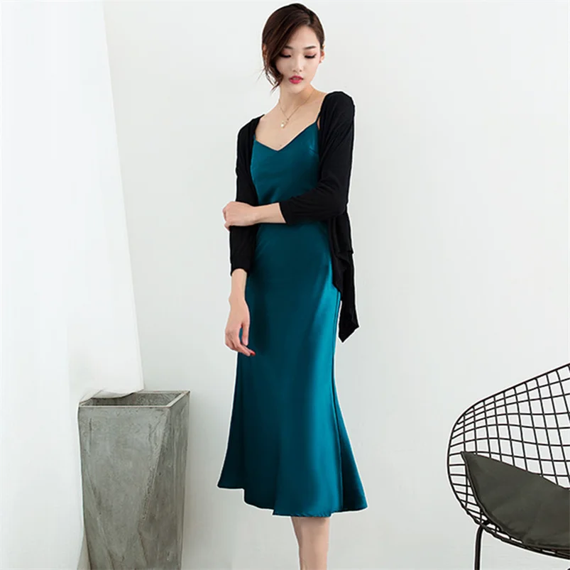 

Женское атласное длинное платье в стиле ретро, летнее элегантное платье на подтяжках с v-образным вырезом, трапециевидное базовое платье, новая мода, шикарная одежда, Vestidos