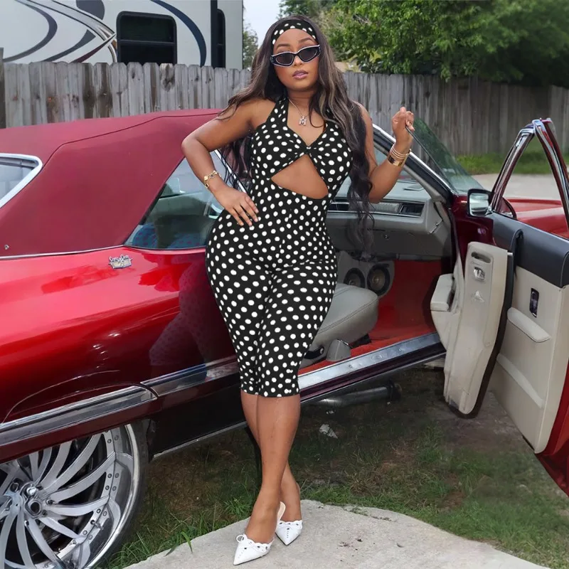 

Новый женский модный комбинезон KEXU в горошек с бретелями, открытой спиной, завязками на шее и повязкой на голову, короткий комбинезон-ромпер