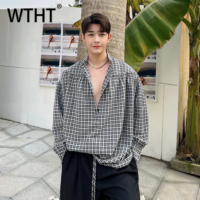 

WTHT Fashion Men's Plaid Spliced Bandage Loose Design Shirts Trendy Long Sleeves Single-breasted Tops Male 2025 Autumn 2A1434
