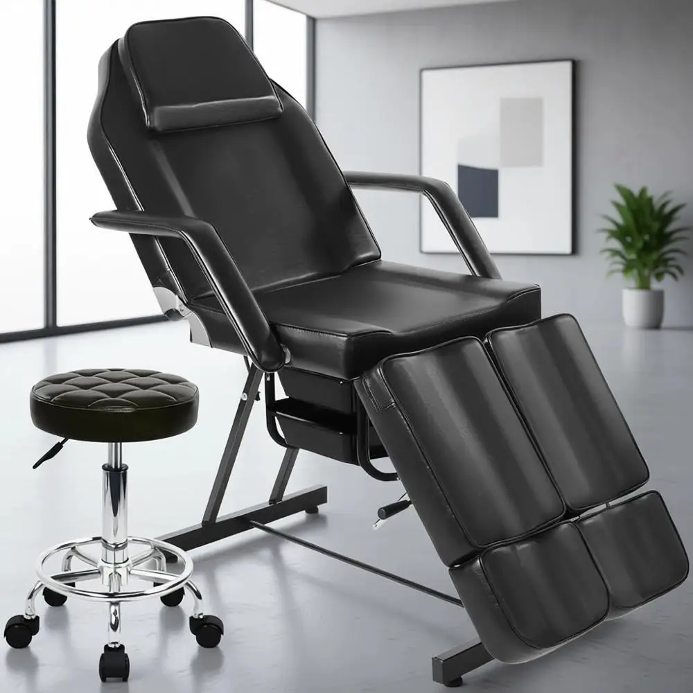 

Professional Black Tattoo Chair for Clients, Adjustable Facial Bed, and Massage Table with Rolling Stool