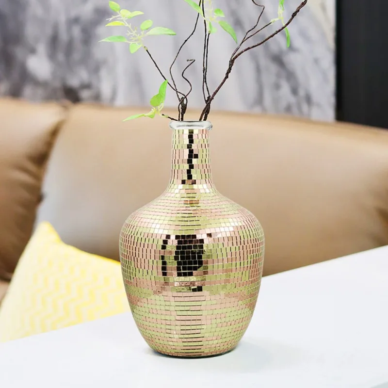 European Light Luxury Gold Simple Fine Mouth Mosaic Glass Vase Living Room  Decoration Ornament Dried Flower Device Vases