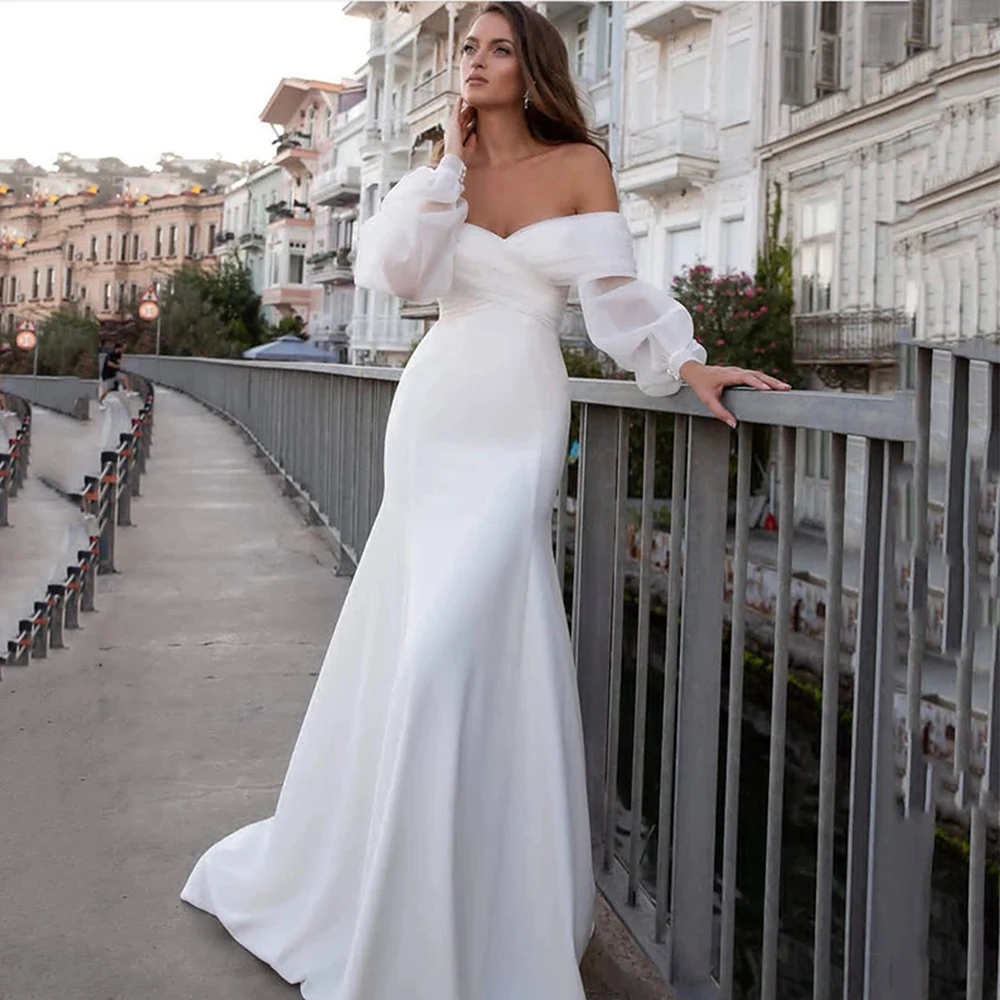 

Pretty Gorgeous Sexy Mermaid Beach Mopping Wedding Dresses For Women Off the Shoulder Princess Tulle Court Train Bride Gown 2023