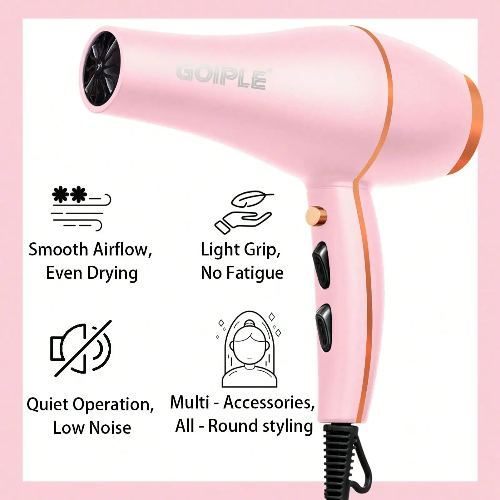 Goiple 5PCS Professional Ionic Hair Dryer Kit, Advanced Ionic Technology For Frizz Control & Smooth Glide, 3 Heat Settings Blow Dryer With Concentrator Nozzle, Diffuser, Styling Comb,Round Brush, sb25082282548565216