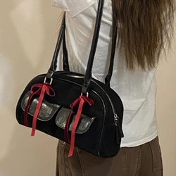 Vintage Ribbon Women's Tote Purse Handbags PU Leather Ladies Large Shoulder Bags Faux Suede Female Pocket Commuter Underarm Bag