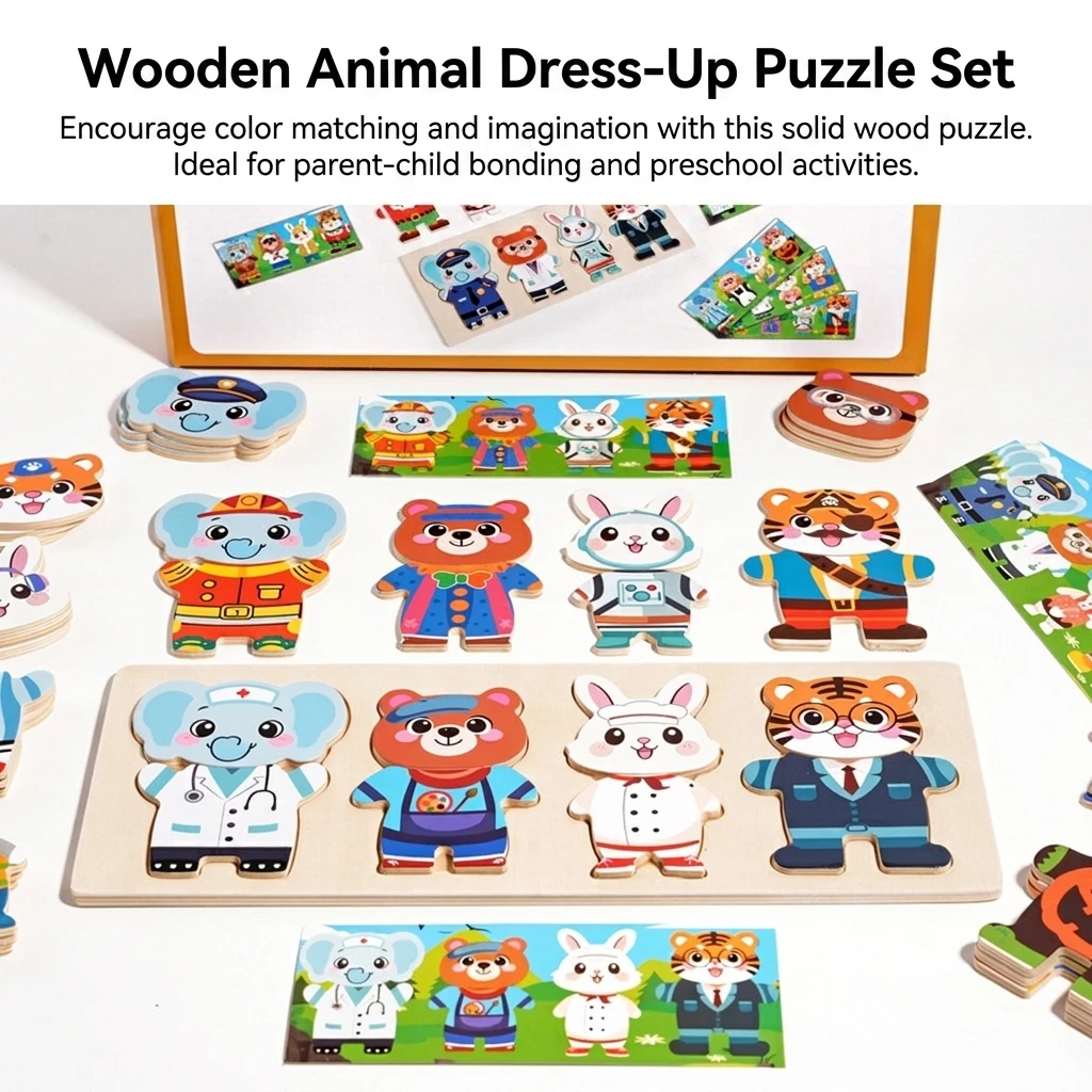 Animal Dress Up Puzzle Set Bear and Bunny Montessori Matching Toy with Solid-Wood Pieces for Toddlers Preschool Learning Color