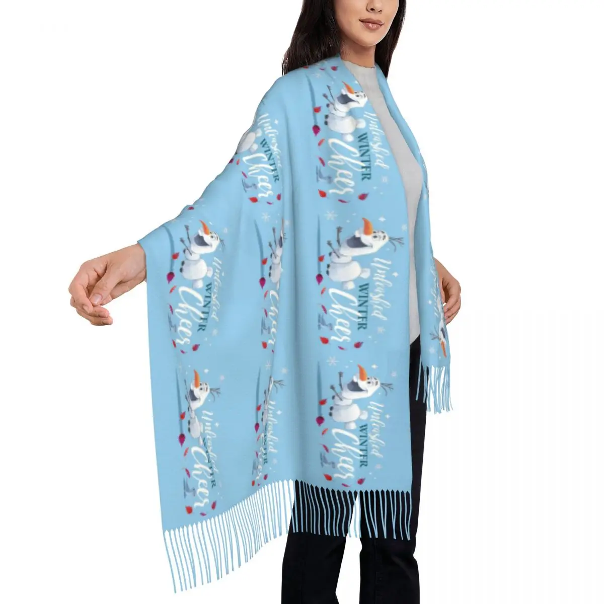 Custom Frozen Olaf Tassel Scarf Women Soft Shawls Wraps Lady Winter Fall Scarves