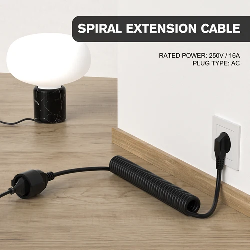 Imagen 2 del producto 2/3/5/8/10m UE enchufe macho de 2 pines a cable de extensión hembra con cable de resorte telescópico de PVC negro 13A 220V-250V