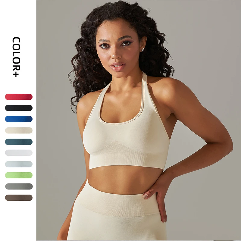 Sexy Halter Sports Bra Women Seamless Impact Fitness Workout Tank Top Woman Mutipocket Gym Push Up Pilates Yoga Brassiere Female