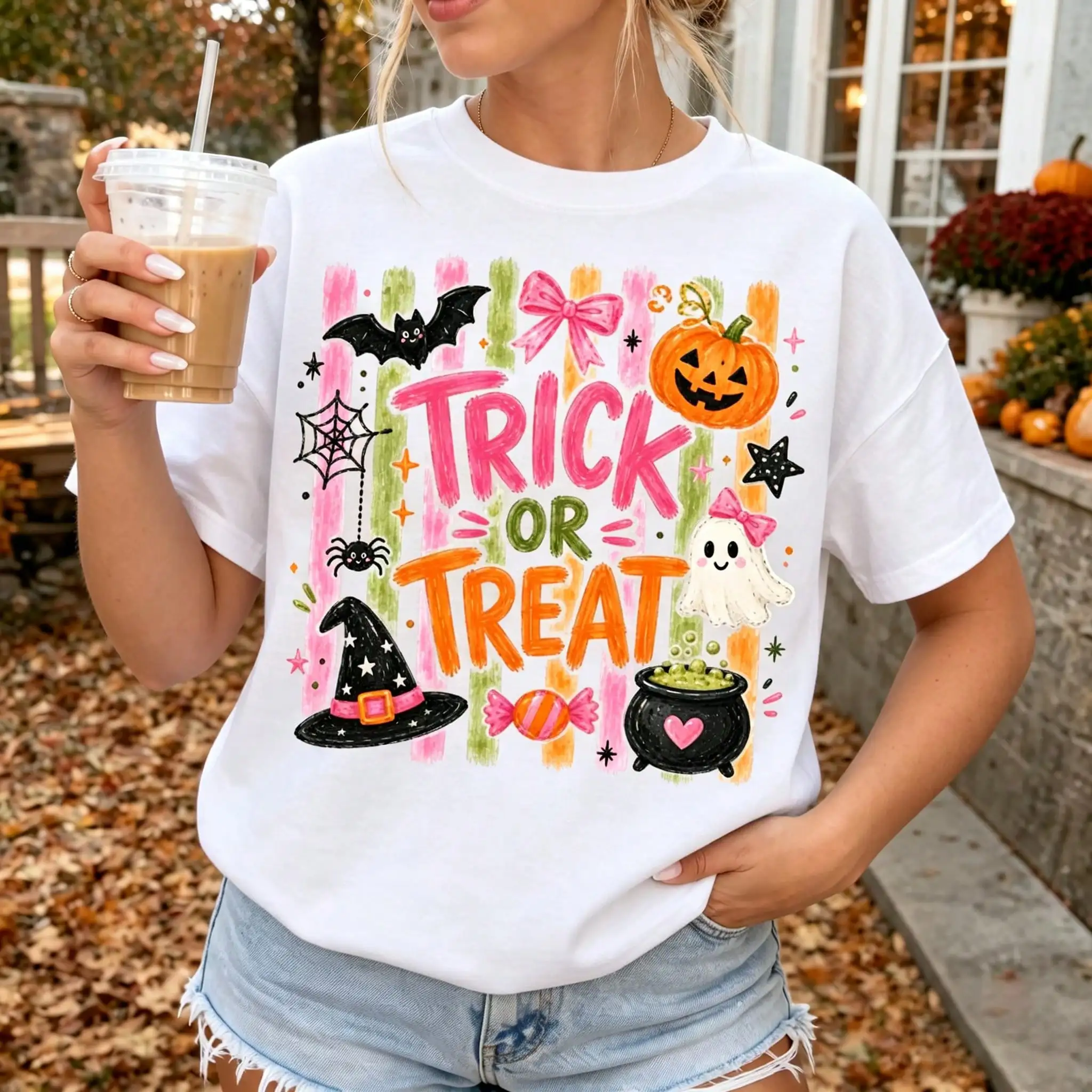 Retro Pink Halloween Trick or Treat Graphic Tee Coquette Aesthetic Short Sleeve Women T-shirt Varsity Style Top Female Clothing
