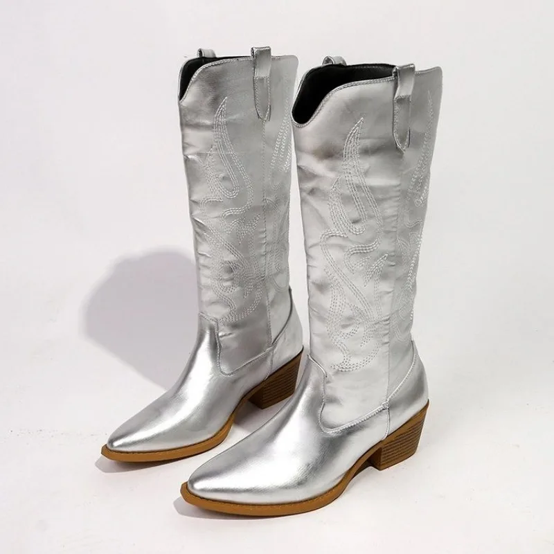 

Temperament High Boots Women's Autumn Fashion Pointed Toe Embroidered Block Heel Sleeve Non-slip Knight Boots