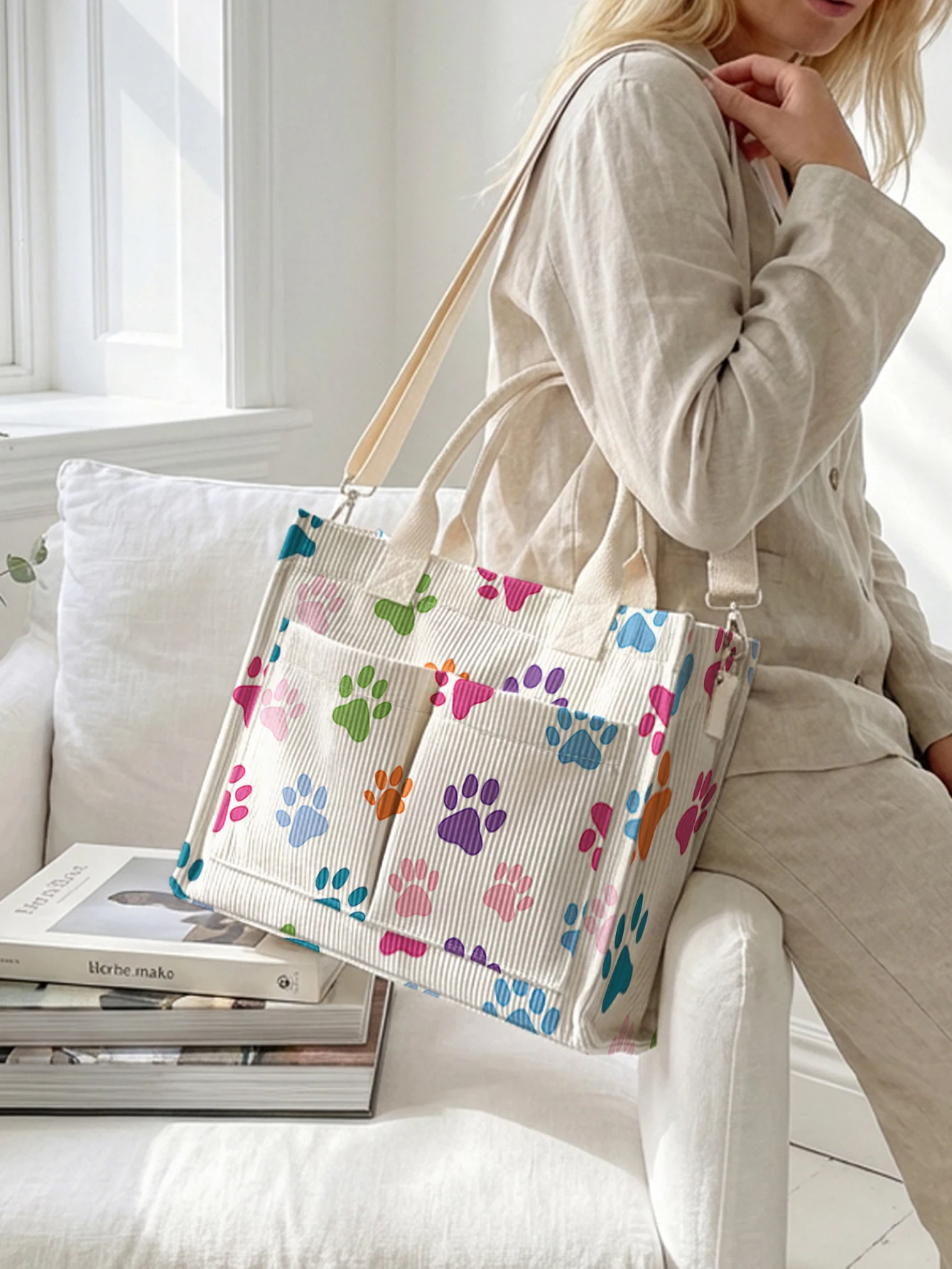 Colorful Paw Print Corduroy Tote Bag Large Capacity Multi Pocket Pet Lover Commuter Shoulder Bag
