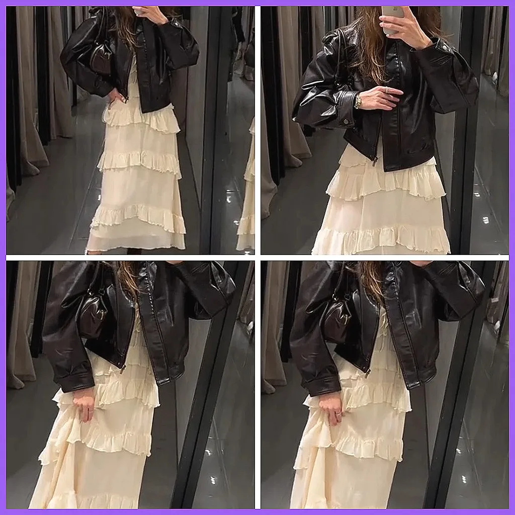 

Elegant Sleeveless V-Neck Ruffle Midi Dress for Women, Patchwork Pleated Loose Holiday Street Wear