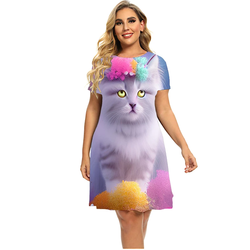 Funny Cats 3D Print Women Dress Sweet Casual Party Short Sleeve A-Line Dress Summer Plus Size Loose Dresses Fashion Clothing 6XL