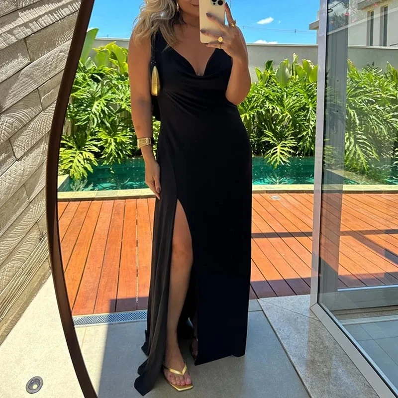 

Summer Fashion Solid Color Hollow Out Halter Dress Casual Women's Commute Maxi Dress Elegant V-neck Sleeveless Slim Party Dress