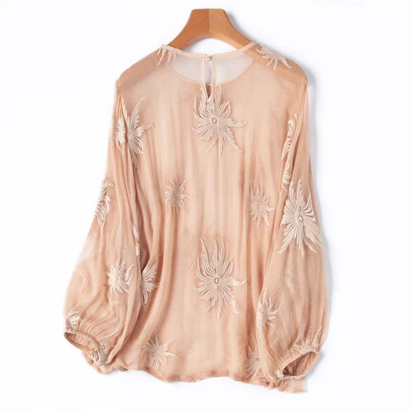 Damska Jedwabna Bluzka 100% Jedwab Morwowy Cienka Przezroczysta Pomarańczowa Haftowana Okrągły Dekolt Długi Rękaw Koszula Top Pulower M1369