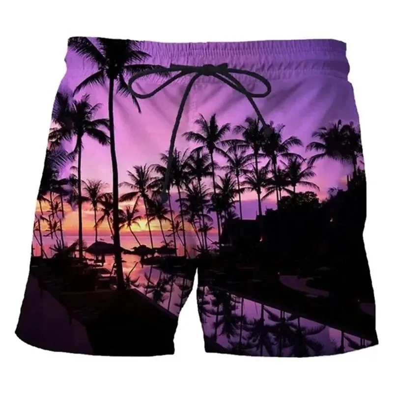 Sunset Beach Shorts 3D Printed Coconut Tree Pattern Swim Trunks For Summer Men Women Casual Oversized Loose Short Pants