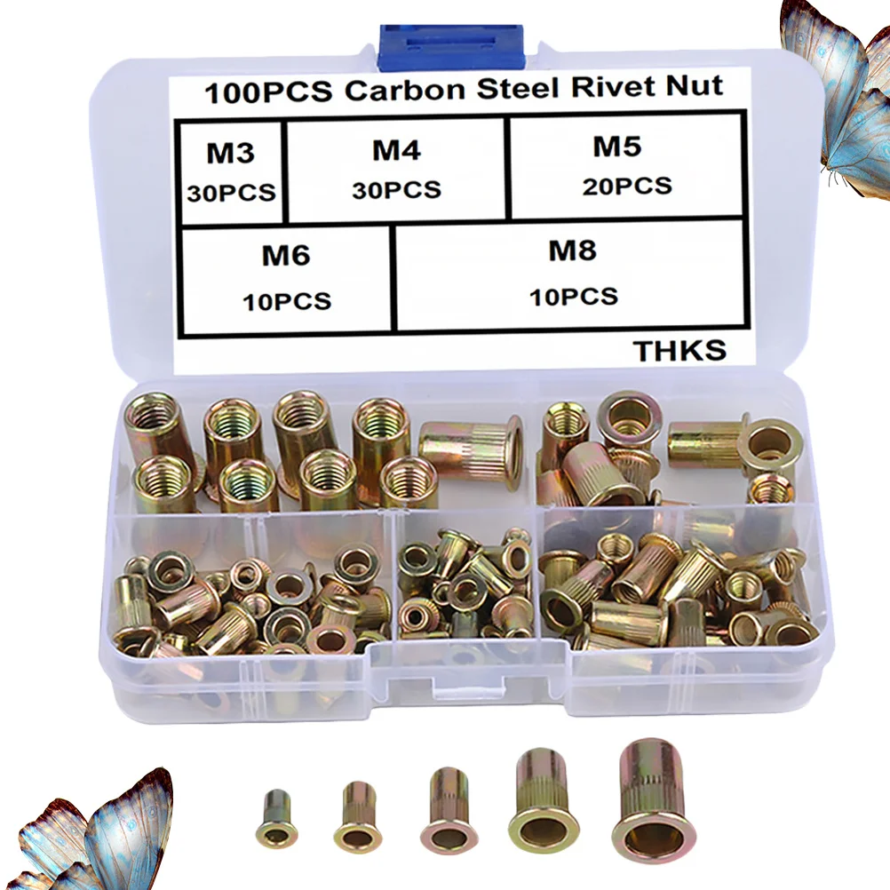 

100pcs Zinc-Plated Knurled Nuts Carbon Steel Rivet Nuts For Automobile Aviation Railway Refrigeration Elevator Switch Instrument