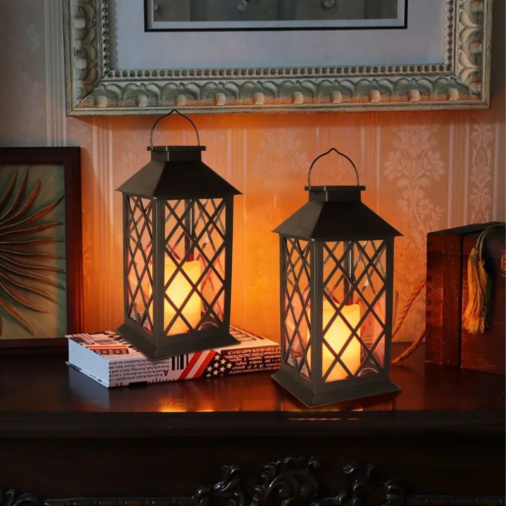 Vintage Hanging Solar LED Candle Lantern Waterproof Metal Frame Lantern Outdoor Patio Yard Garden Porch Tabletop Decor Light