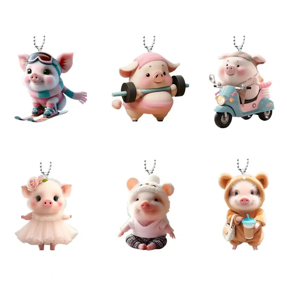 Acrylic Cartoon Pig Hanging Decoration with Bead Chain Car Mirror Ornament Keychain Backpack Animal Pendant Birthday Gift