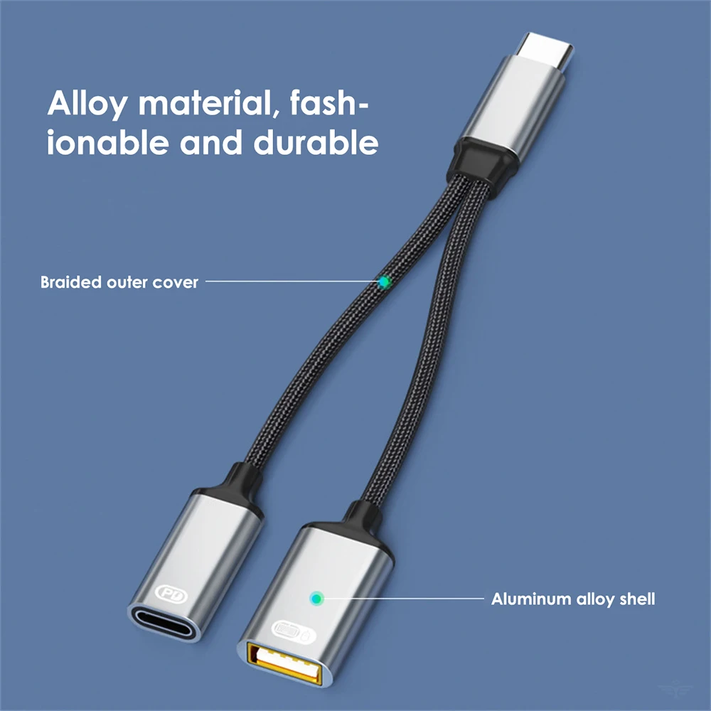 2 w 1 Adapter kabla USB C OTG typu C męski na USB-C żeński 30W PD Szybkie ładowanie z adapterem rozgałęźnika USB do laptopa i telefonu