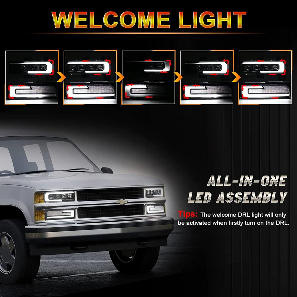 White LED Headlight with Welcome DRL Turn Signal 1Set Fit 1988-1998 Chevy GMC C/K 1500 2500 3500 Suburban Silverado Tahoe Yukon