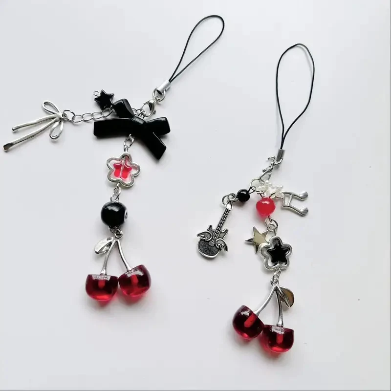 

Super Cute Cherry Bowknot Beaded Mobile Phone Charms Keychains Lanyard Smartphone Strap Earphone case Pendant Car Key Accessory