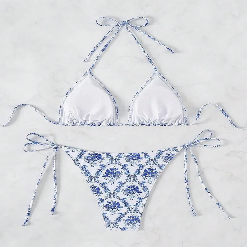 Sexy Floral Print Bikinis Sets Two Pieces String Tie Halter Thong Swimsuit Swimwear Bathing Suit Beach Outfits Biquini Tankini