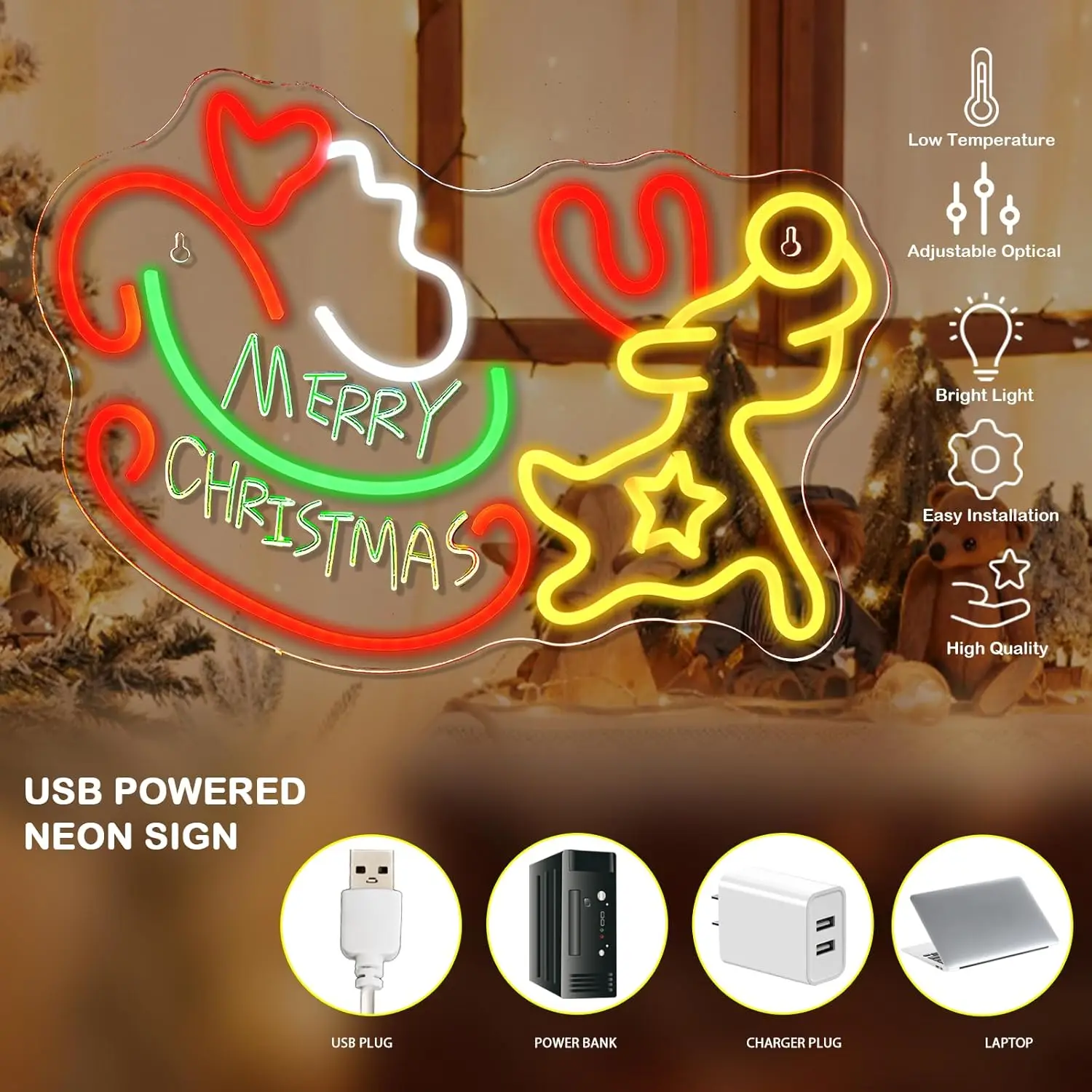 Insegna al neon di Natale Campana di cervo Insegna al neon Decorazione della stanza per la decorazione della parete Luce a led dimmerabile per la casa Negozio di feste Lampada artistica di Capodanno