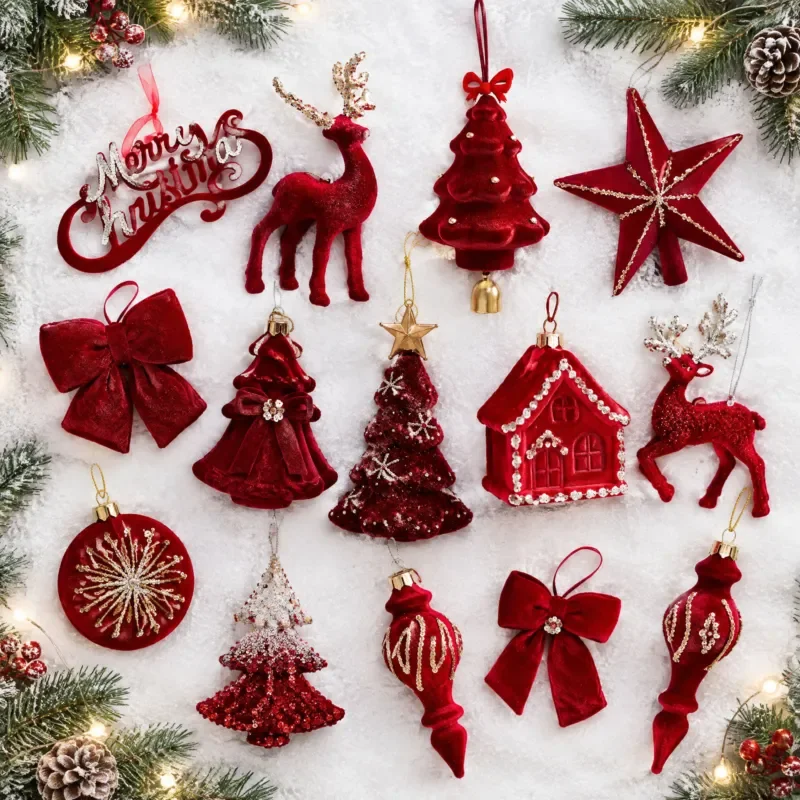 For New Burgundy Bow Christmas Ornament Pendant Holiday Scene Decoration Festive Xmas Gift for Tree Home Party Decor