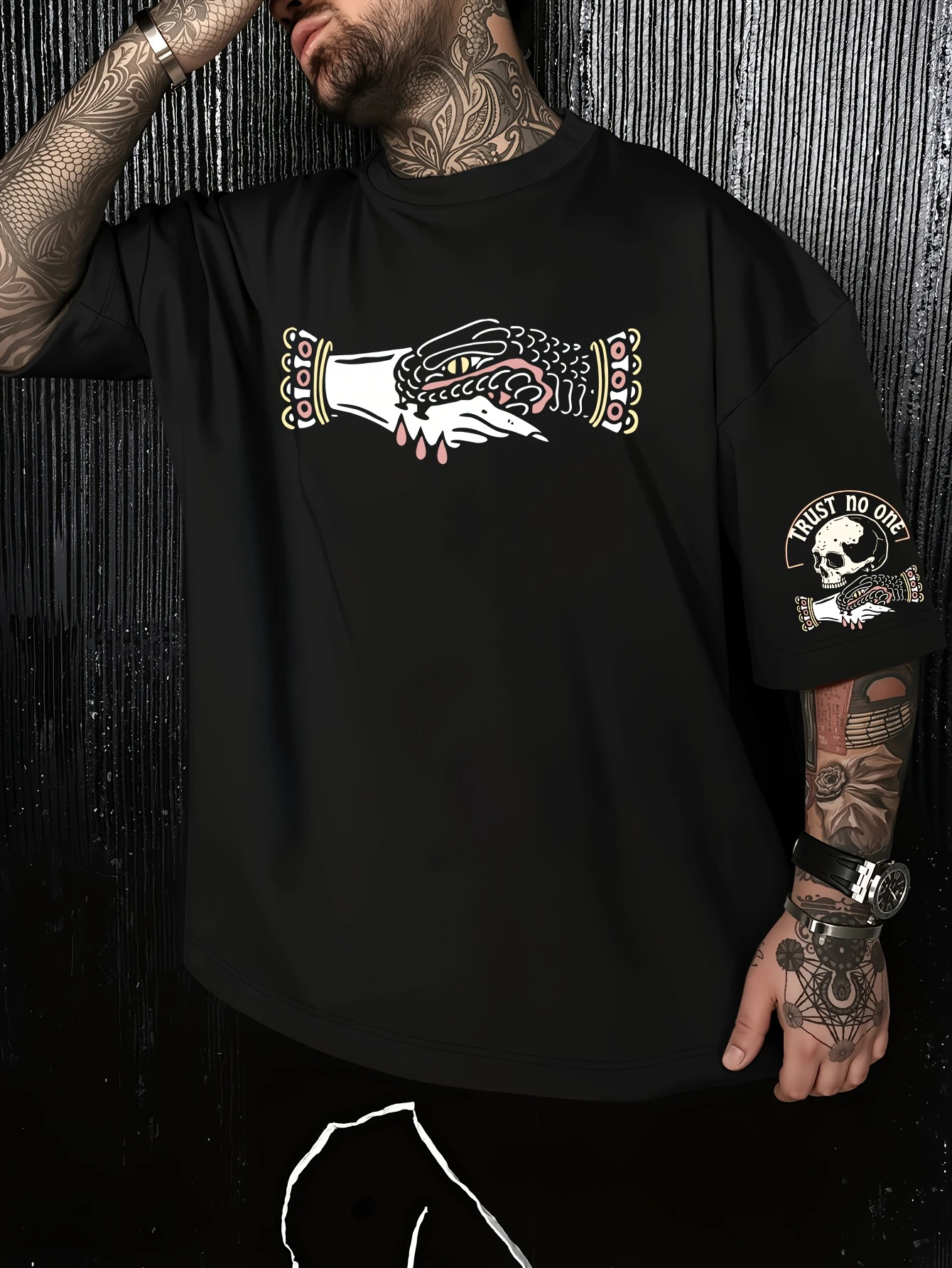 Skull and Hand Print T-Shirt - TRUST NO ONE Letter Print Short-Sleeve Loose Fit Men's Streetwear Style Unisex Streetwear Shirt