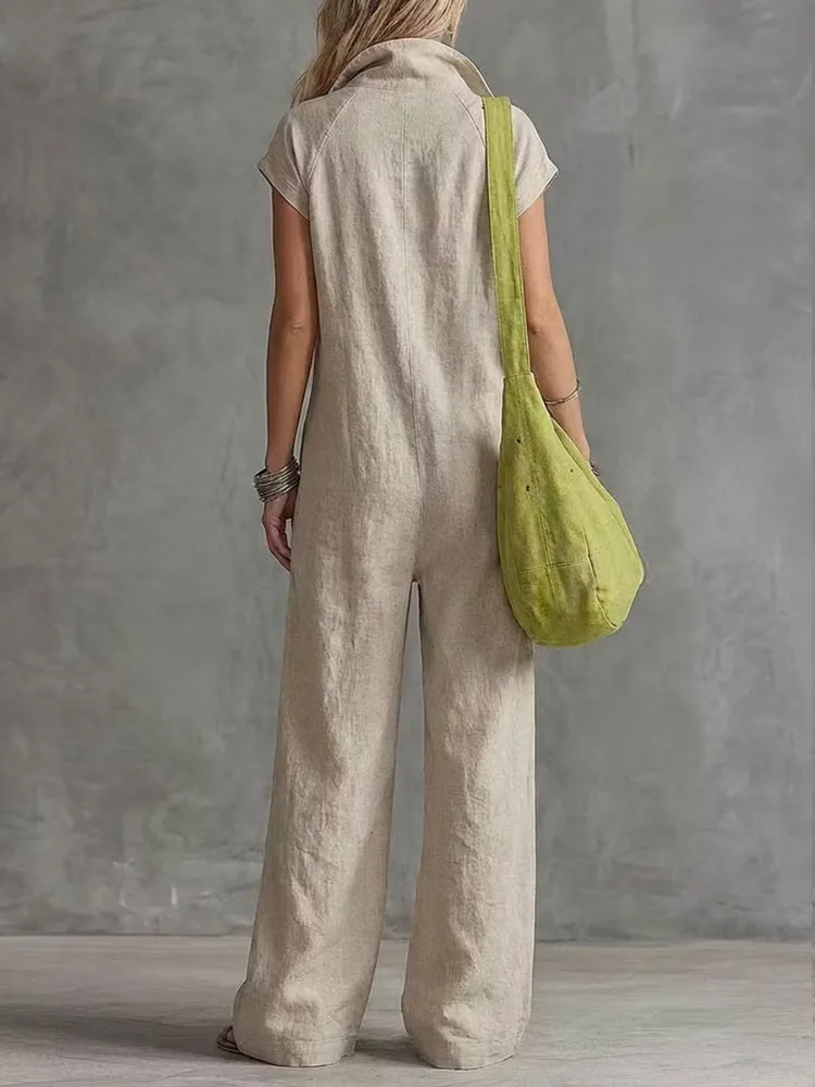 UOOZEE Women Linen Blend Solid Color Jumpsuit Stand Collar Half Zip Cap Sleeves Loose Pockets Wide Leg Casual Overalls