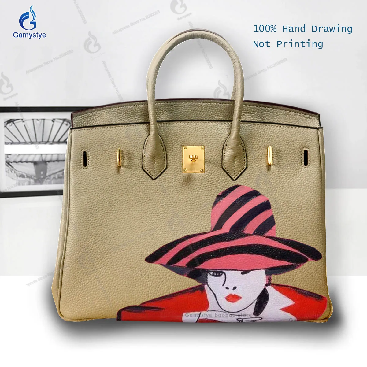 Hand Draw A girl wearing a hat Customize Art Bags Women Clutch purses and handbags Designer Ladies purses Cowhide Togo Leather