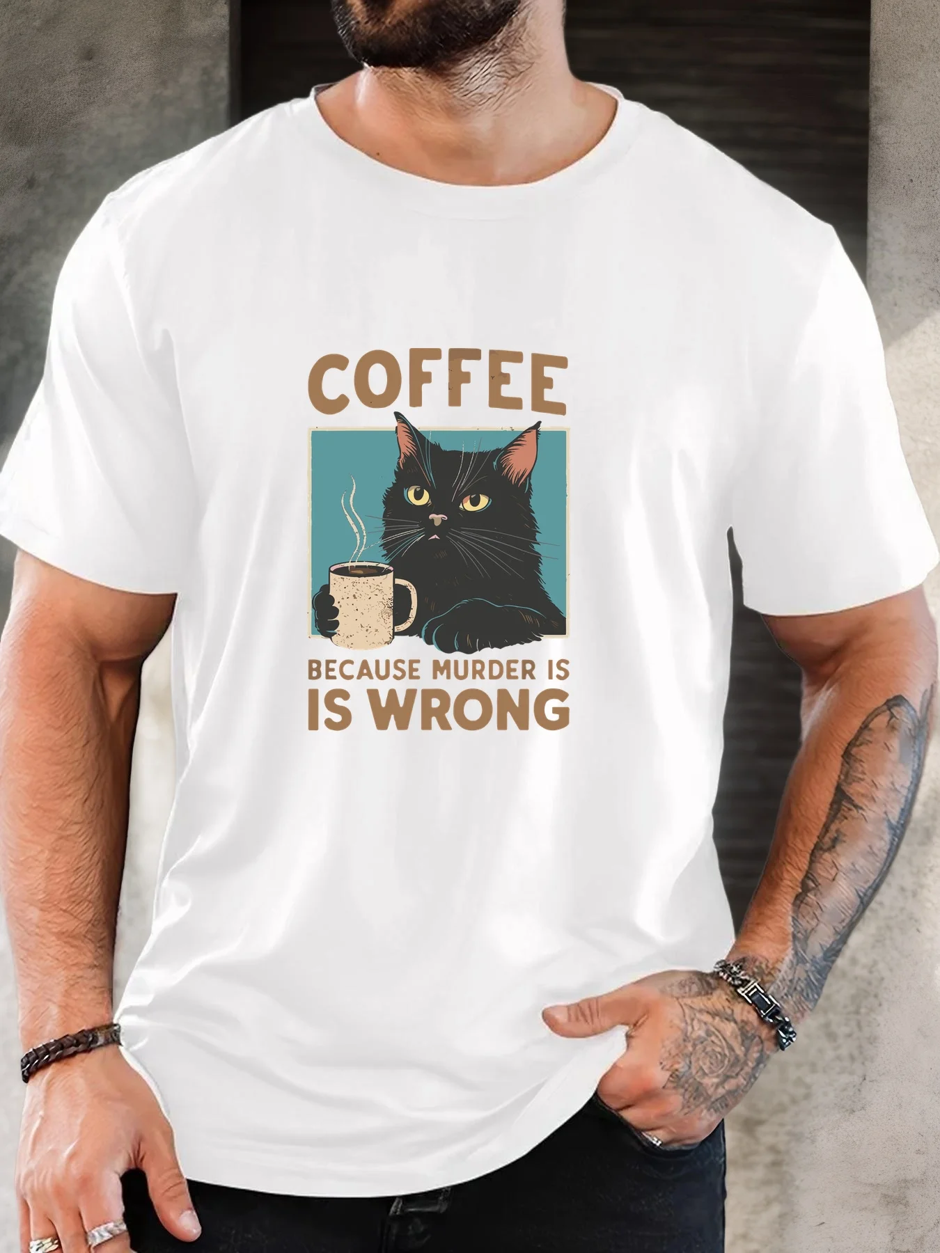 Cat Coffee Pattern Summer Casual Round Neck Short Sleeve T-Shirt, for Teenager