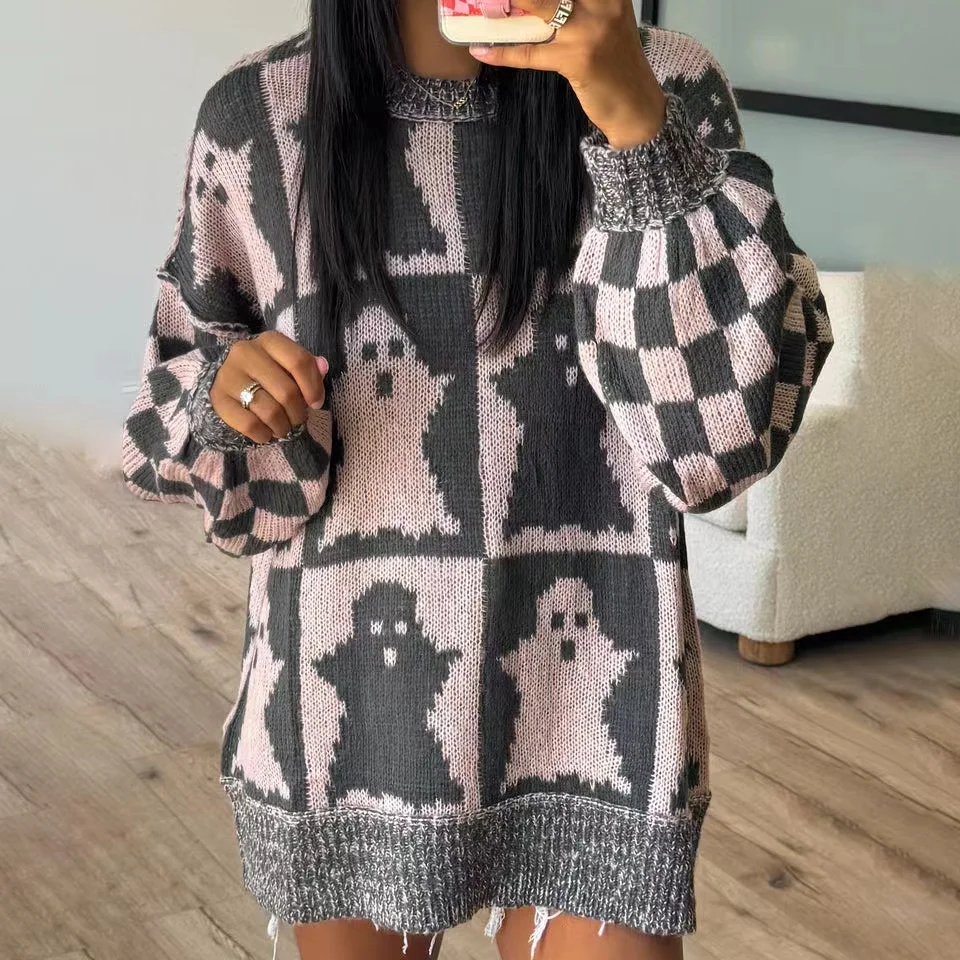 2024 New  Halloween Checkered Color Matching Loose Crew-neck Sweater in The Long Lantern Sleeve Wool Knit Design Sense of Top