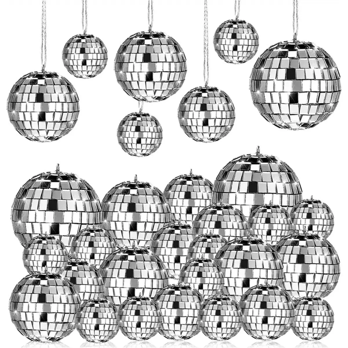 2026 NEW 28 Pack Disco Ball, Disco Ball Party Decorations Silver Hanging Reflective Mirror Balls Ornaments 70s Disco Party