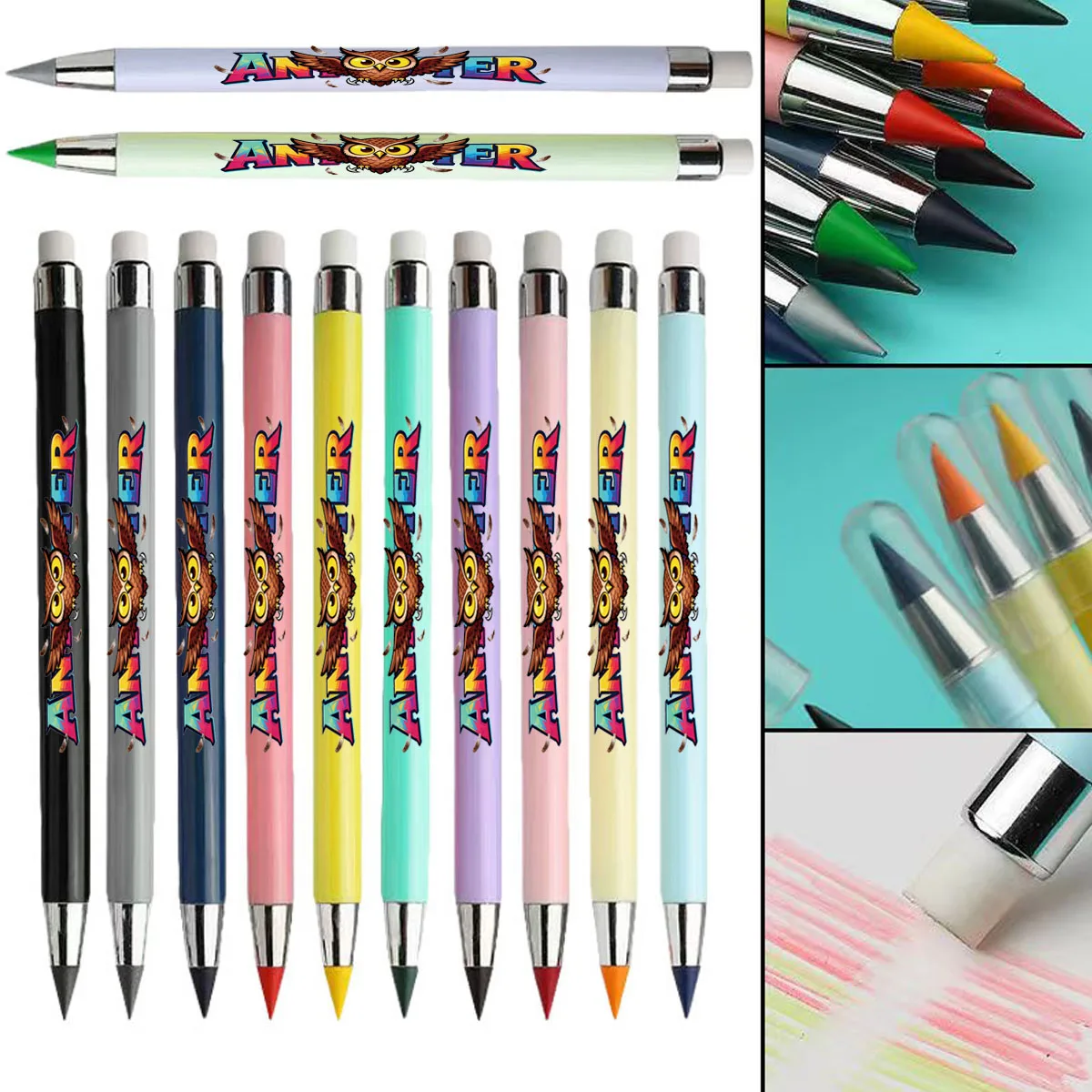 

12 pack owl text pattern eternal pencil macaron color not easy to break pencil student sketch color pencil