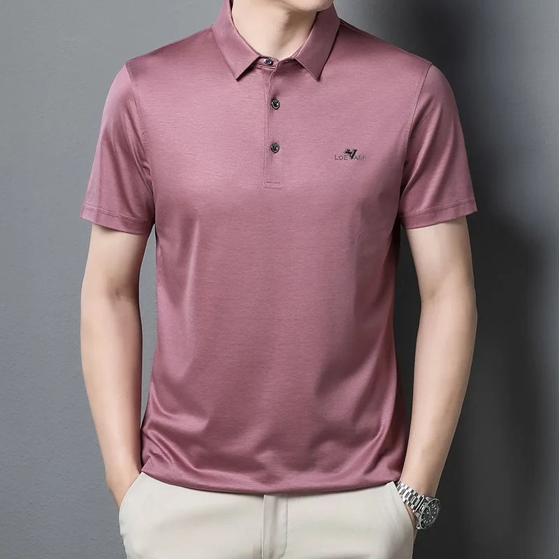 

New Summer Diamonds Golf Men's Polo Shirts Luxury Mulberry Silk Short Sleeve Male T-shirts Business Solid Color Thin Man Tees